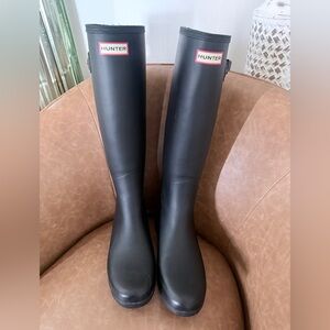 Hunter Matte Black Tall Rain Boots with Red Logo Trim
